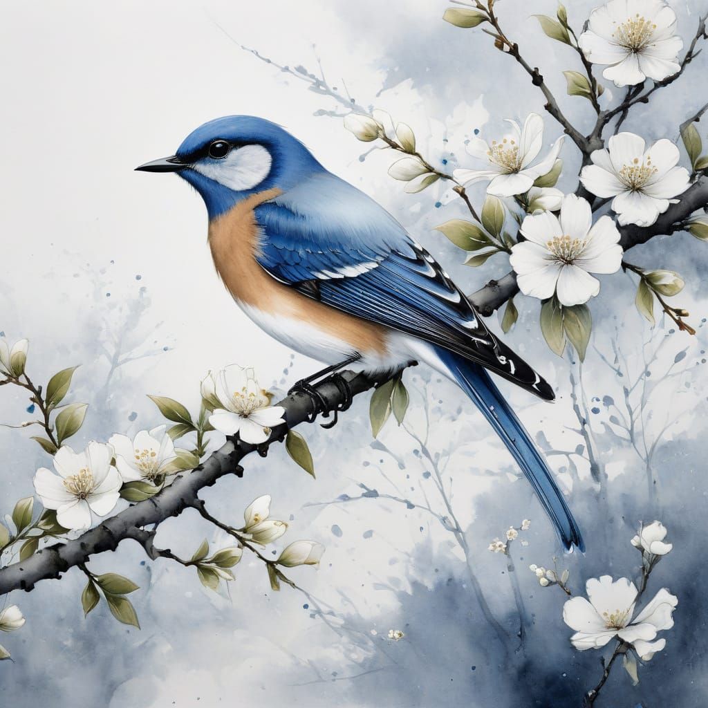 Blue Bird in Delicate East Asian Brush Painting Style