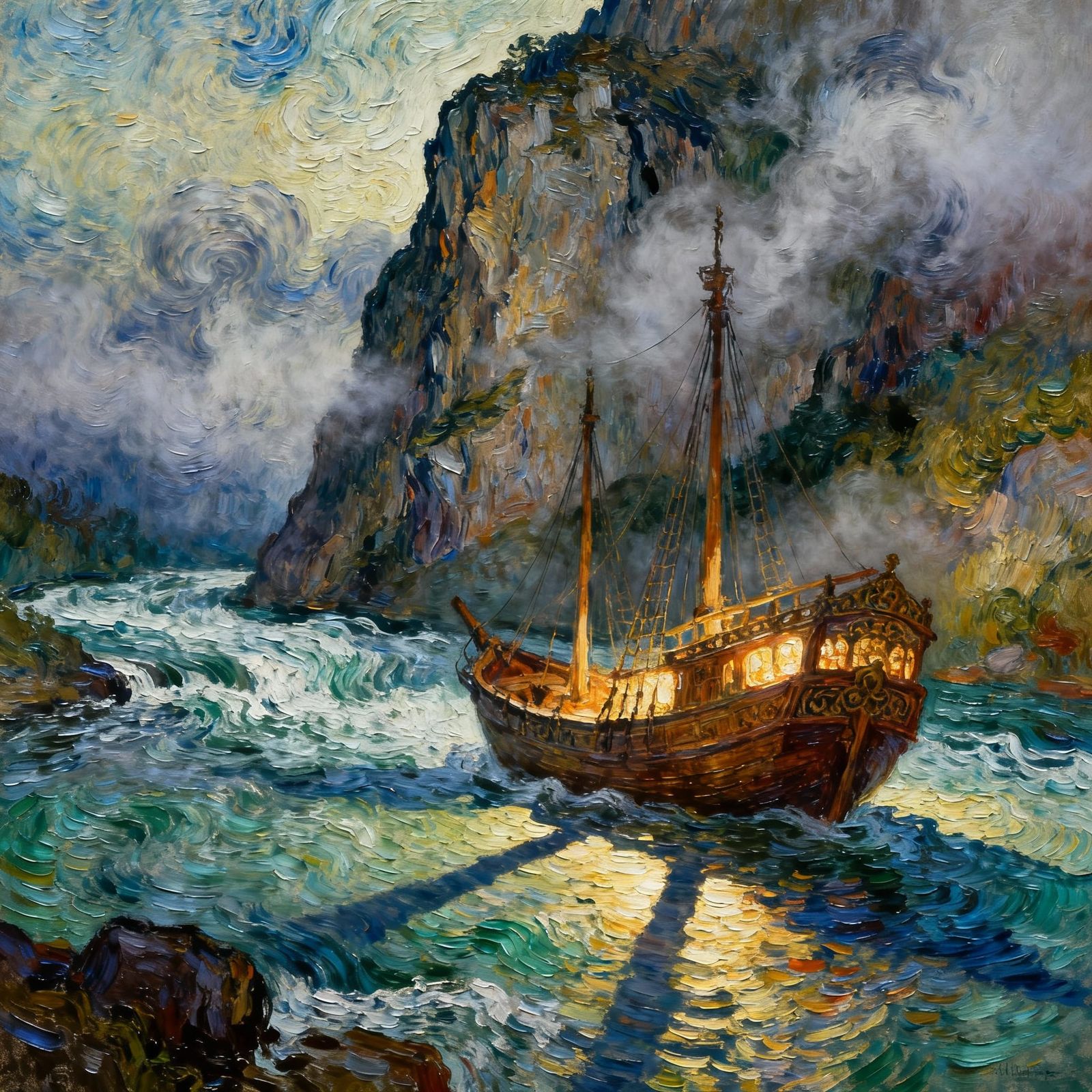 Illuminated Ancient Ship in Misty River, Impasto Style