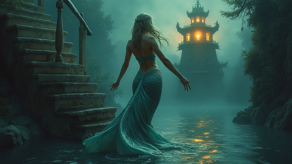 Siren Mermaid Climbs Lighthouse in Ethereal Fantasy Style