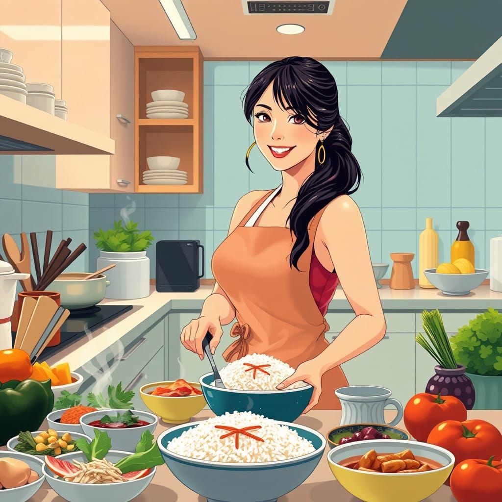 Japanese Tradwife in Vibrant Kitchen, Manga-Inspired Style