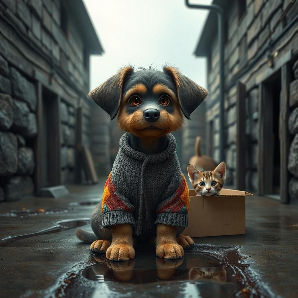 Puppy and Kitten Encounter in Shelter Courtyard