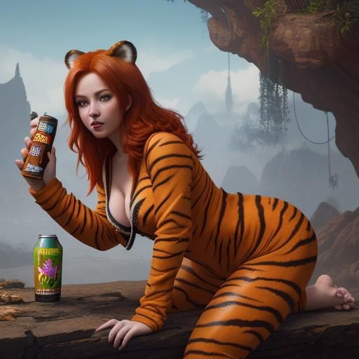 Redhead in Tiger Onesie Offers Energy Drink