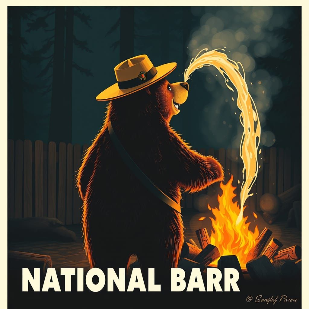 Smokey Bear BBQ Safety in Propaganda Poster Style