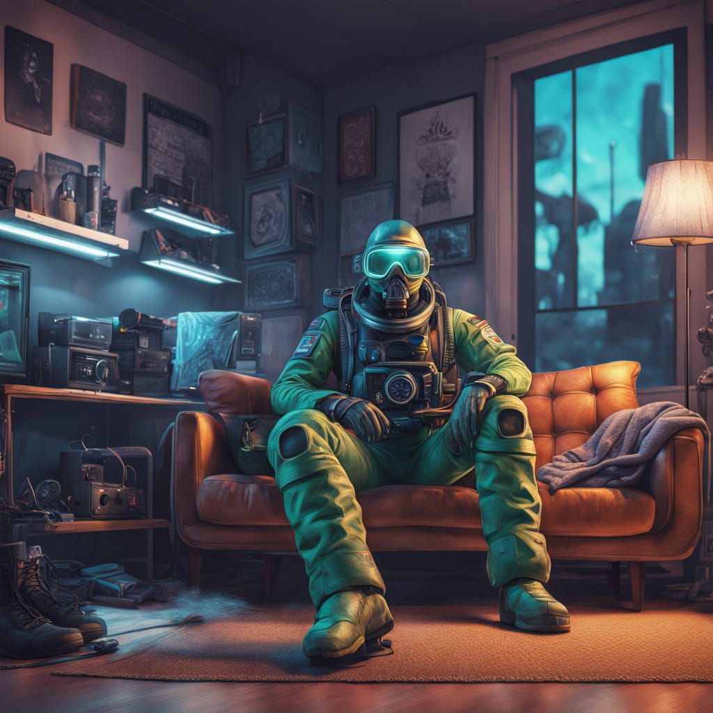 Undead Diver Relaxing on Sofa in Neon Hues
