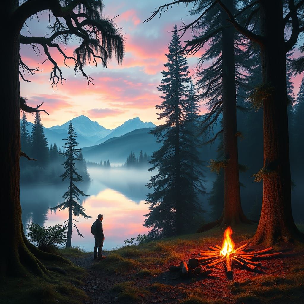 Majestic Futuristic Forest Scene at Sunset