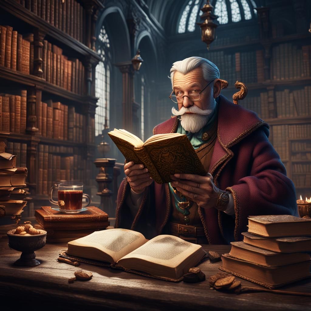 Librarian's Literary Feast: Detailed Matte Painting