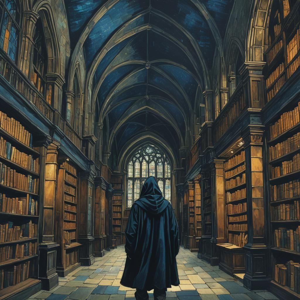 Eerie Gothic Library Scene at Night as Oil Painting