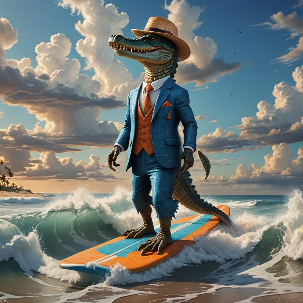 Crocodile Surfer in Suit: Fantasy Concept Art