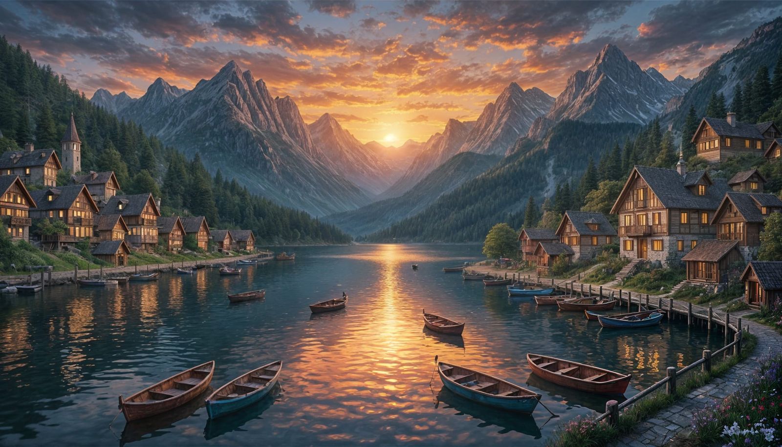 European Village by Lake at Sunset, Vivid Colors
