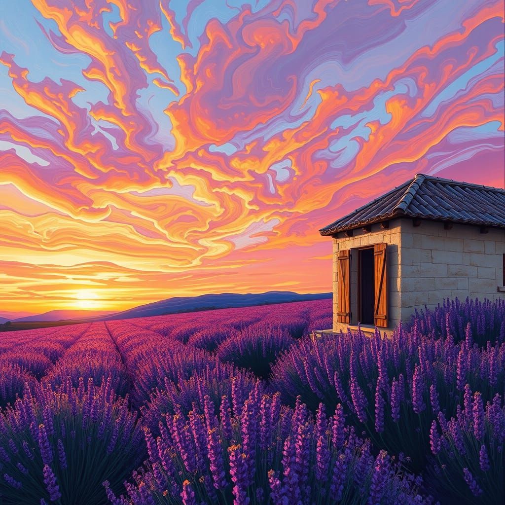 Provence Lavender Field at Sunset in Post-Impressionist Styl...