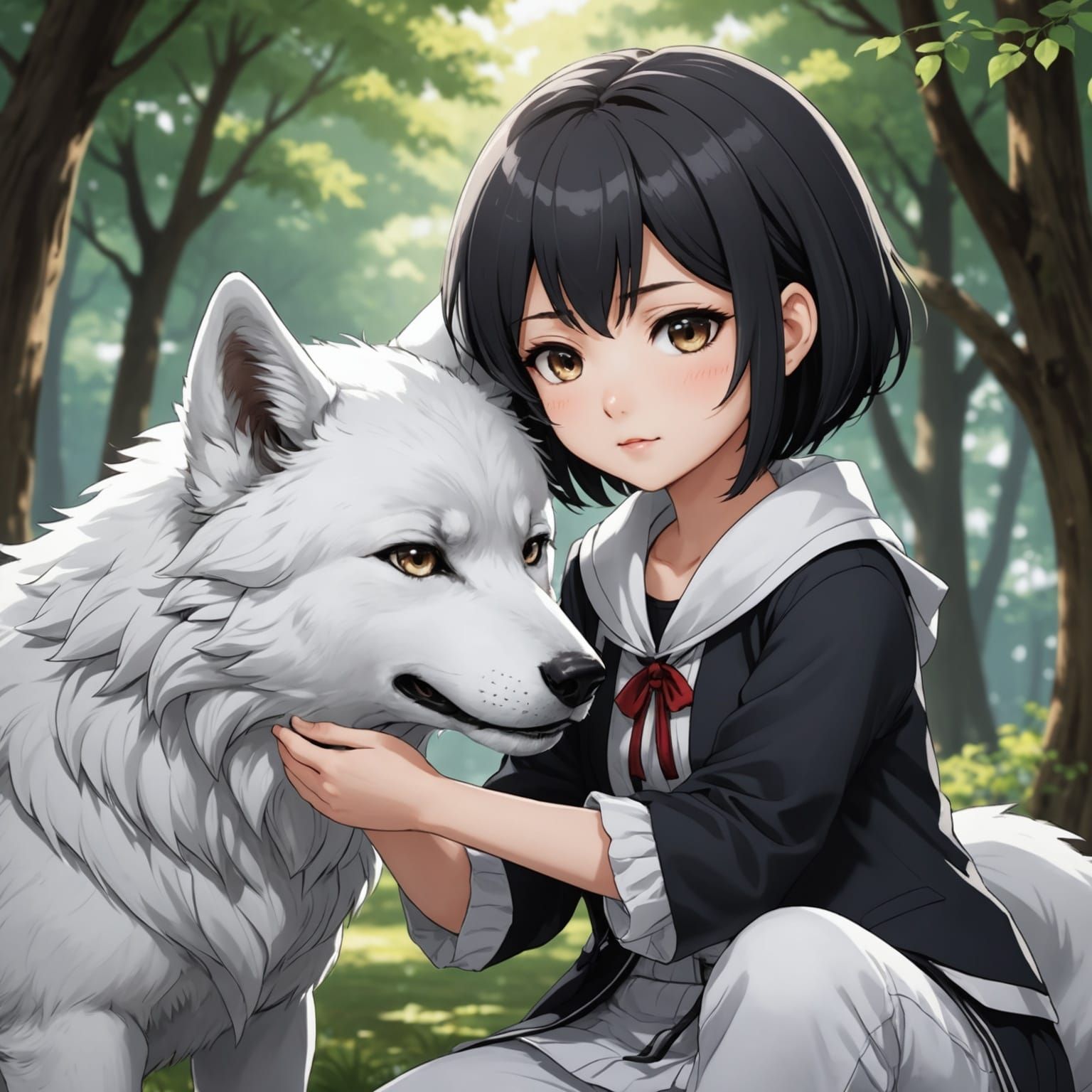 Anime Girl Petting White Wolf Chibi Art
