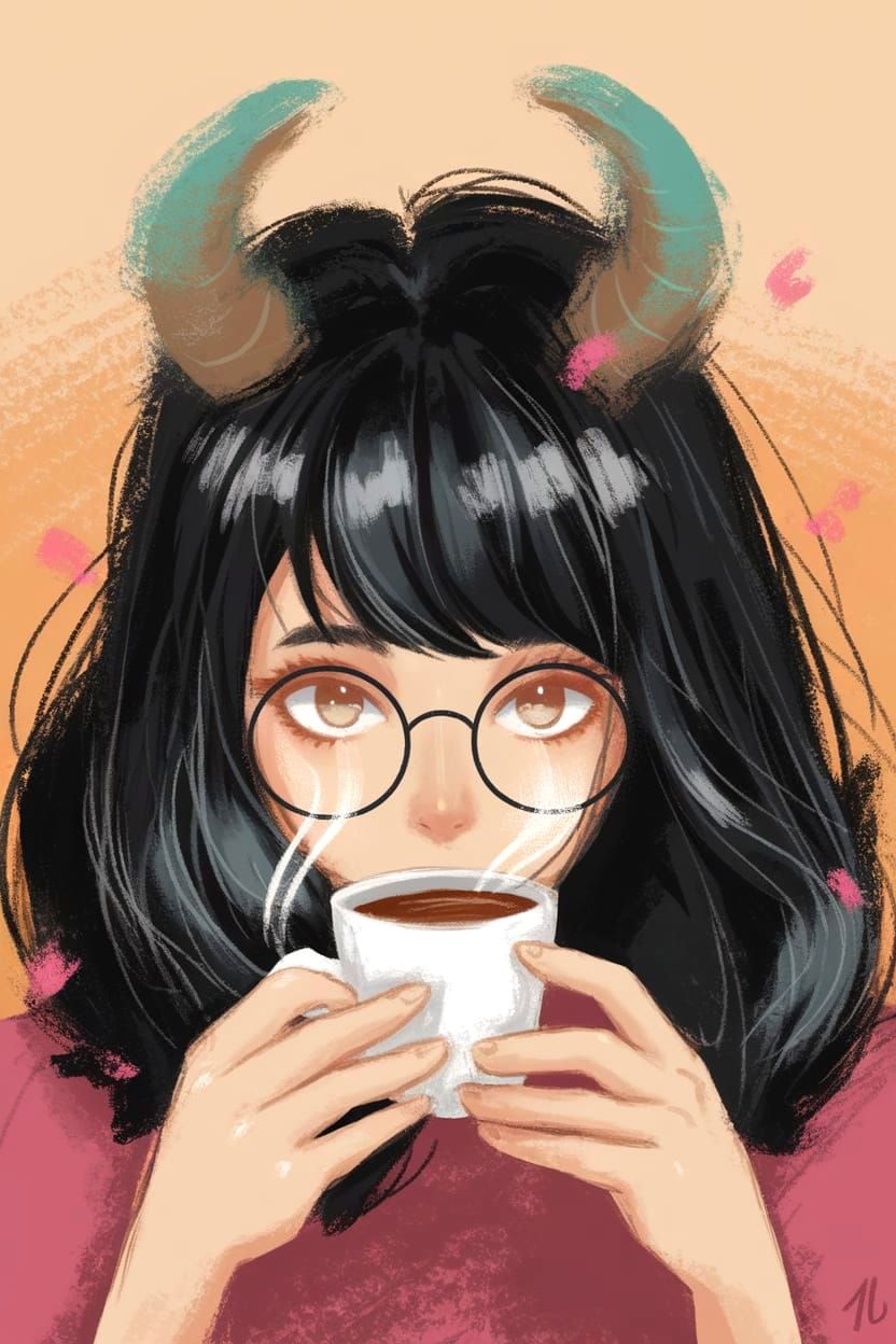 Charming Anime Girl Sips Coffee in Whimsical Crayon-Style Po...
