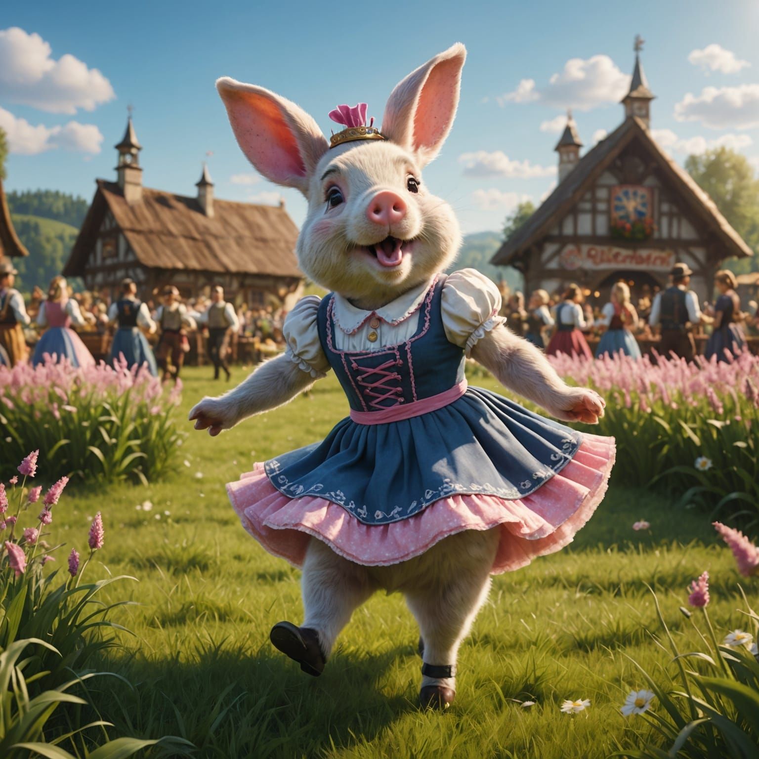 Adorable Pig-Bunny in Dirndl Dances on Oktoberfest