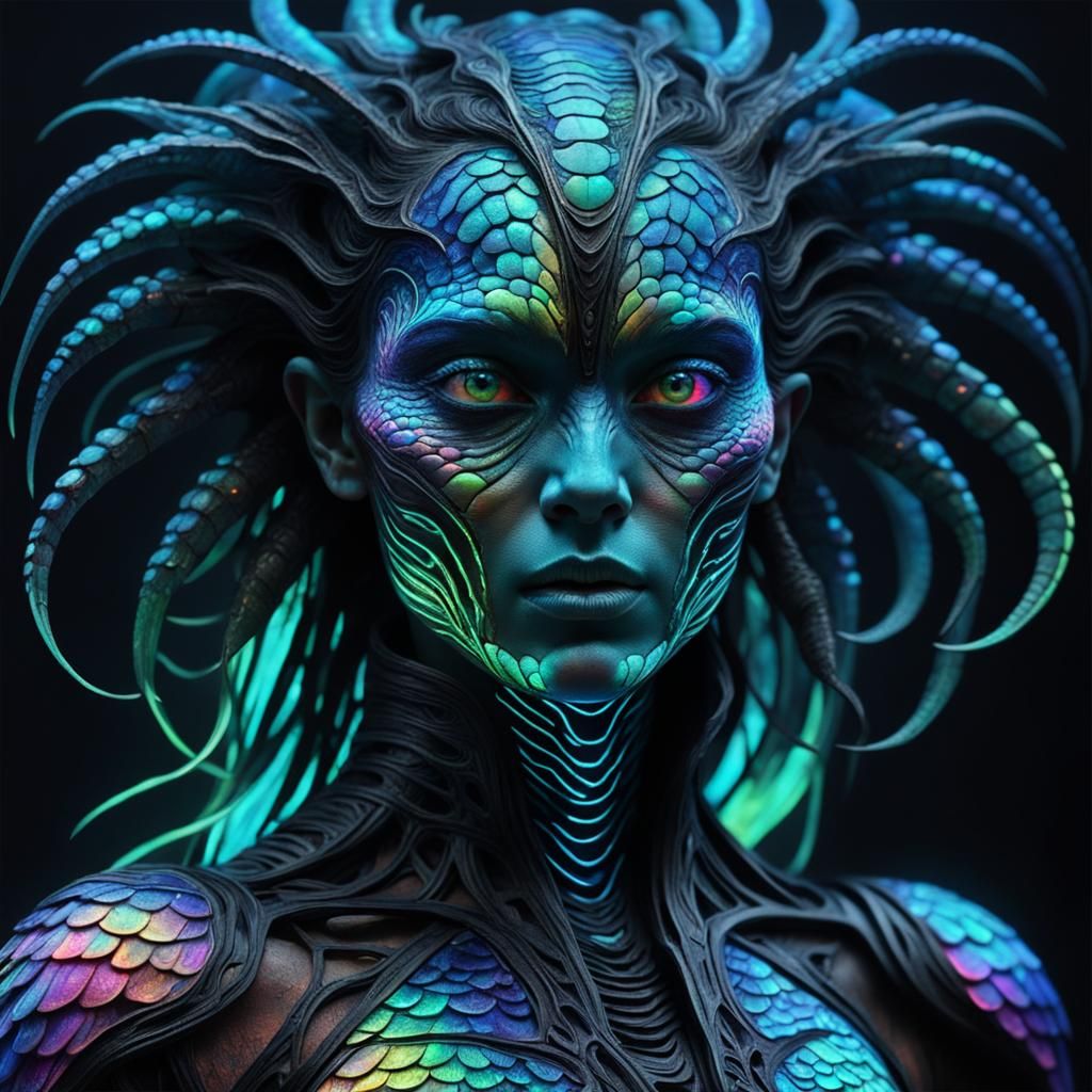 Opalescent Neon Horror with Iridescent Scales