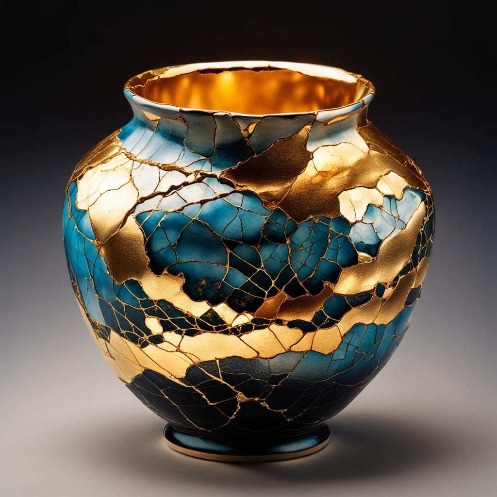 Perfect Imperfection. Broken Ceramic Vase Fixed with Gold. Kintsugi Technique.