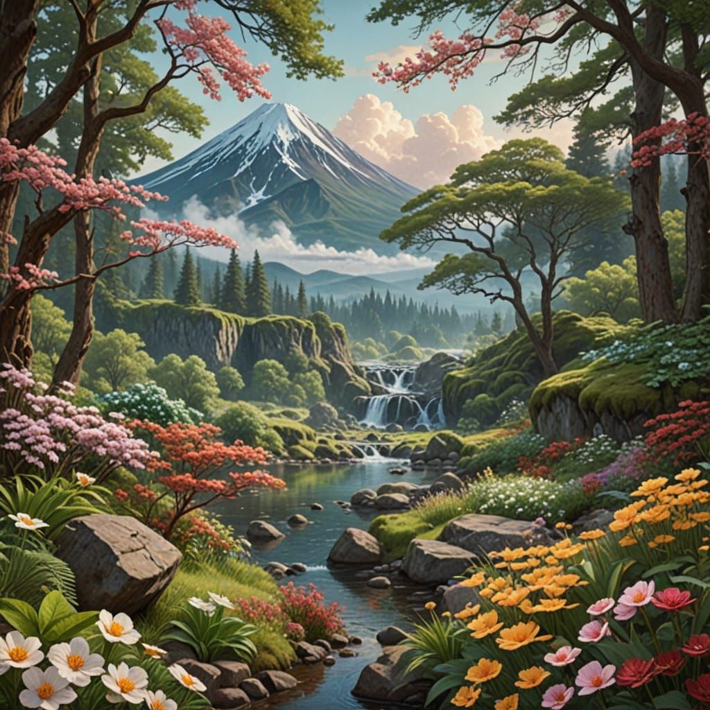 Vibrant Flowers in a Golden, Misty Landscape with Majestic V...