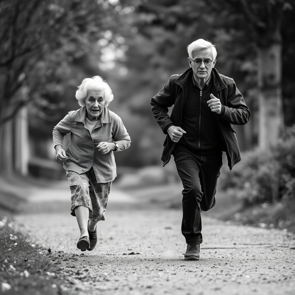 A Granny Chases a Young Man in a Black and White Cityscape