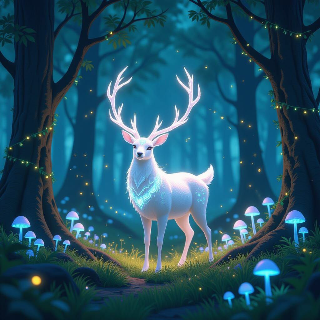 Bioluminescent Deer in Anime Forest Glade