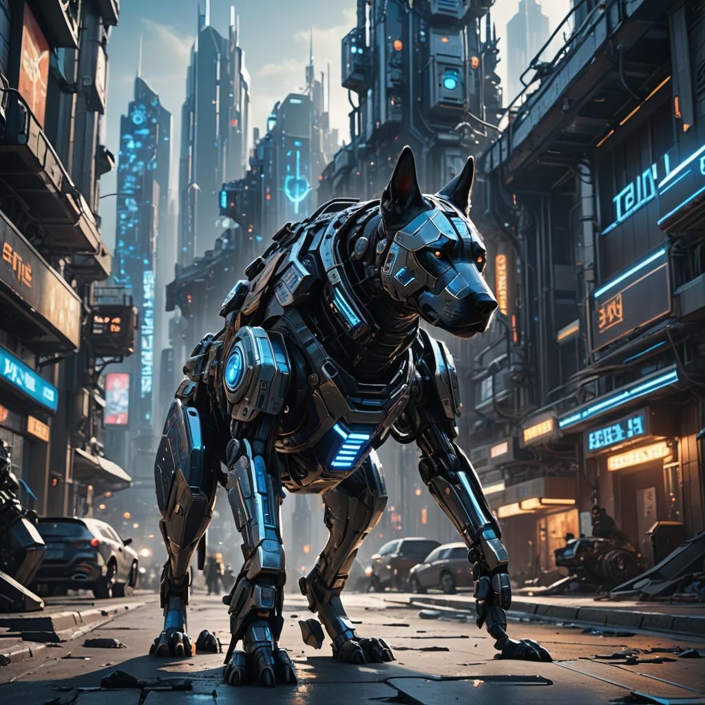 Armored War Dog in Futuristic Cityscape: Sci-Fi Illustration