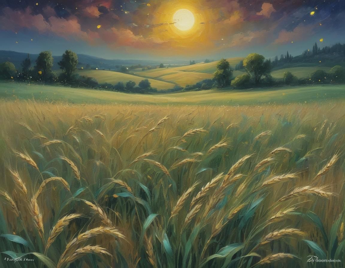 Whimsical Wheatfield Dreamscape at Night