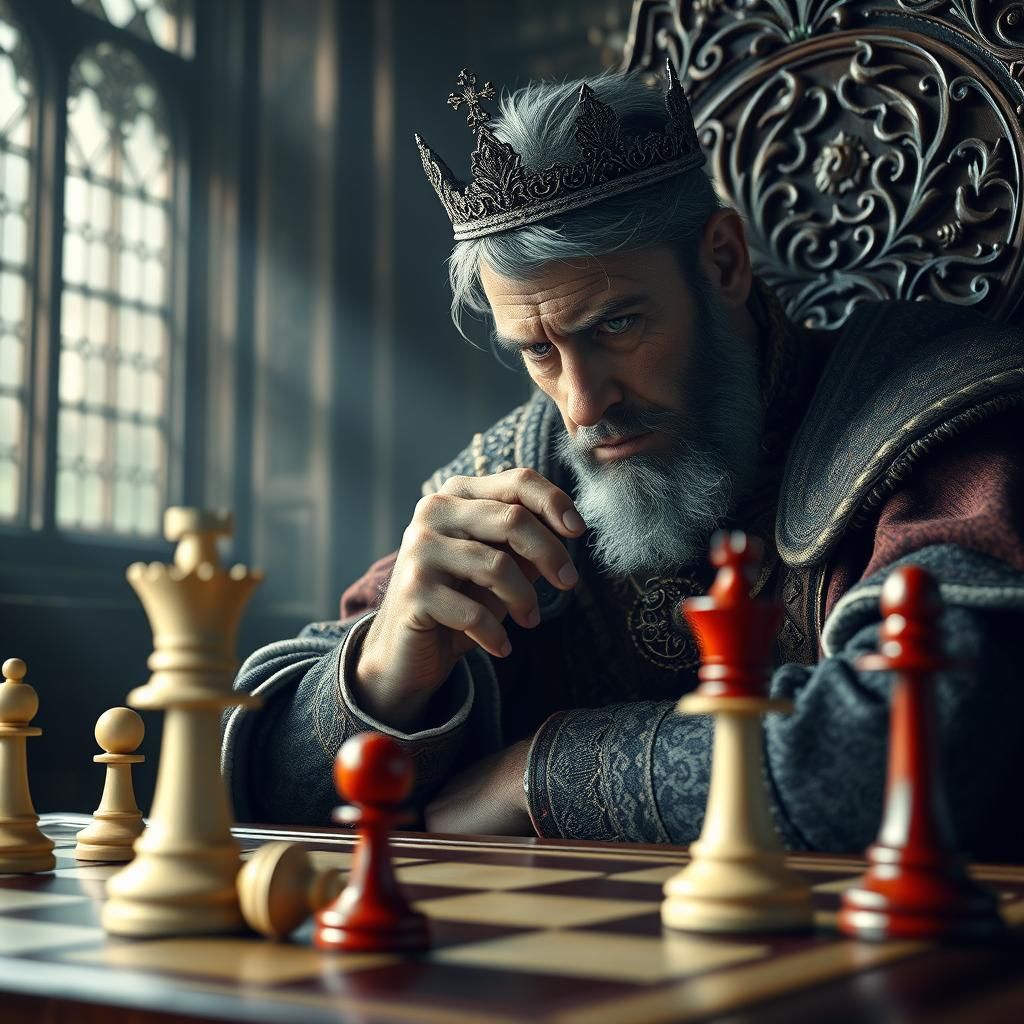 Melancholy King Contemplates Chessboard in Sunlight