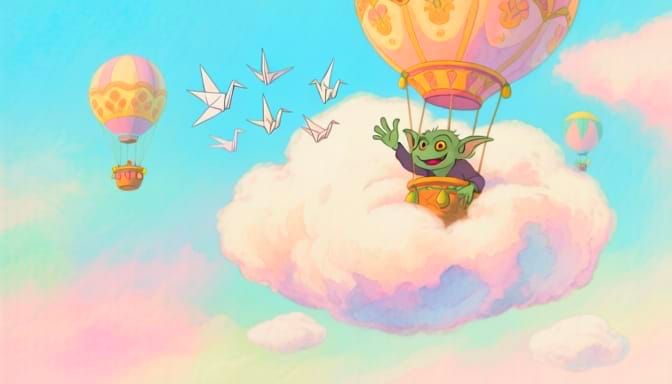 A whimsical scene of giant, fluffy sentient clouds drifting ...