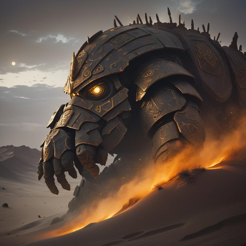 Armored Golem in Desert Sands, Fantasy Illustration