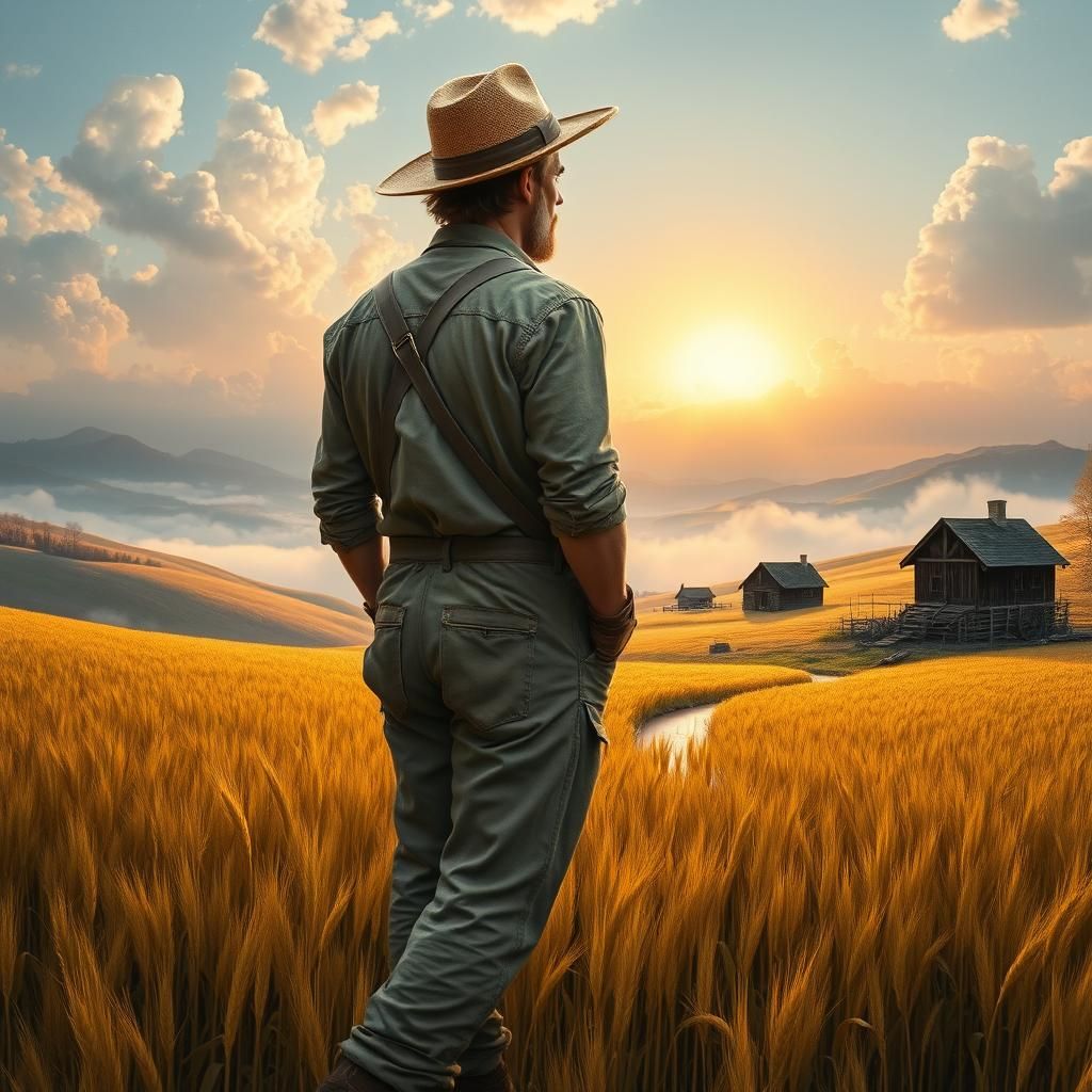 Farmer in Wheat Field at Sunrise: Digital Painting