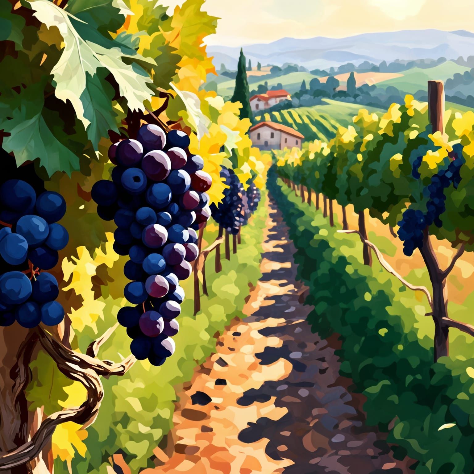 Vibrant Italian Vineyard Scene in Bold Acrylic Colors
