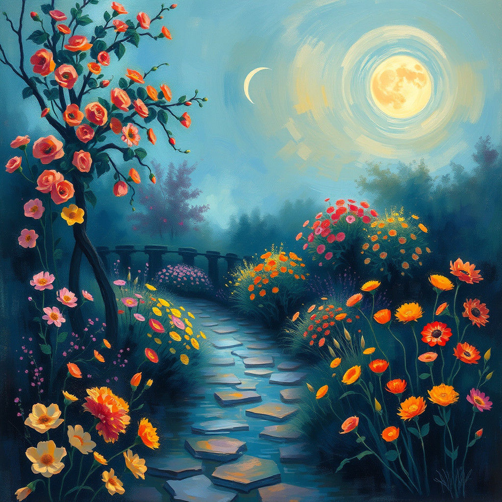 Moonlit Garden in Impressionistic Abstract Expressionist Sty...