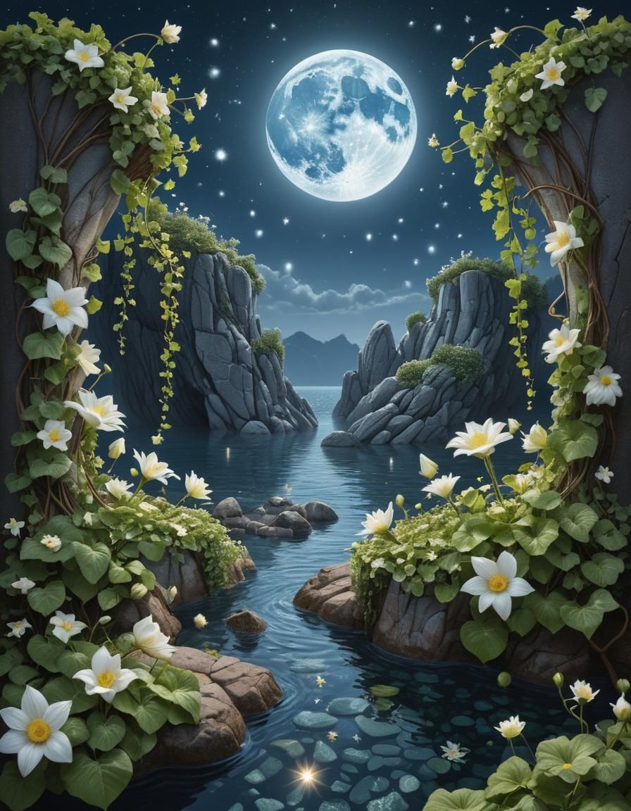 Moonflowers Bathed in Moonlight Under Starry Sky