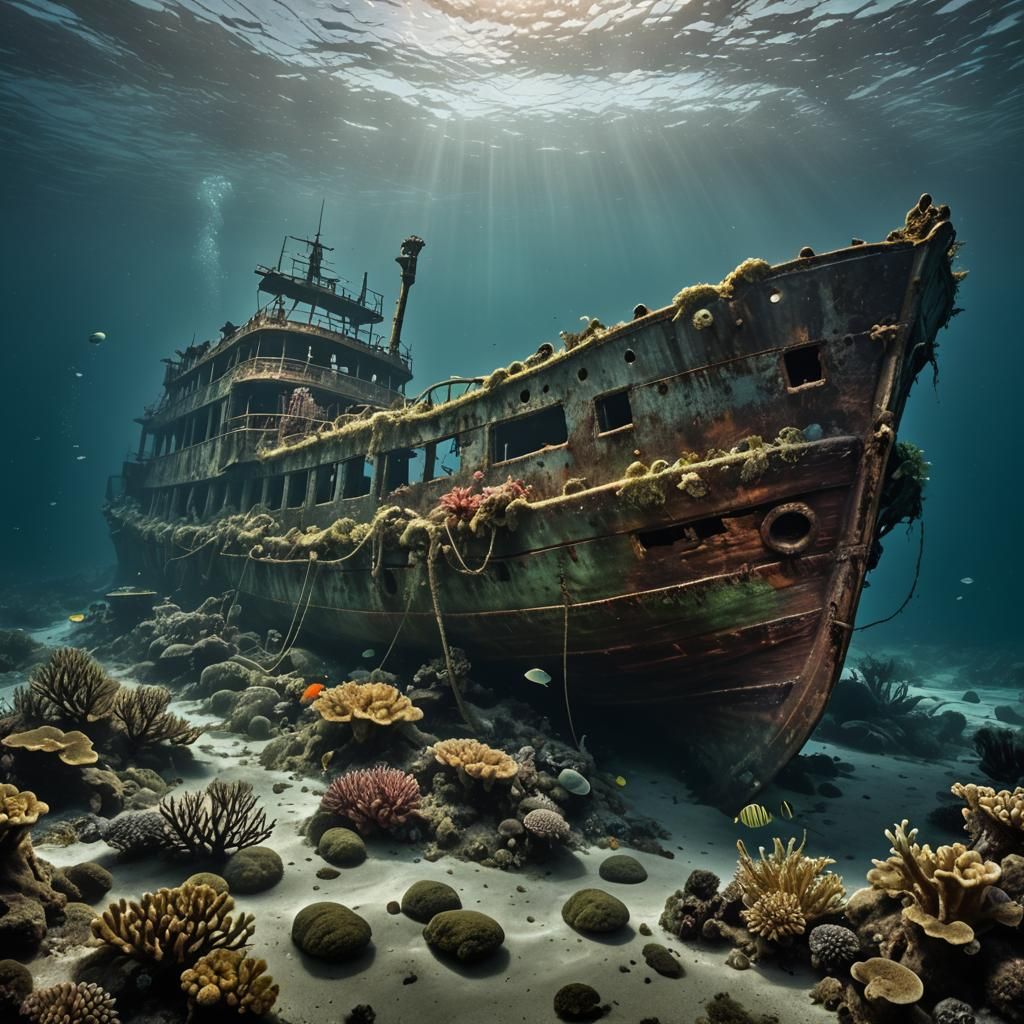 Eerie Underwater Shipwreck Artwork with Haunting Atmosphere