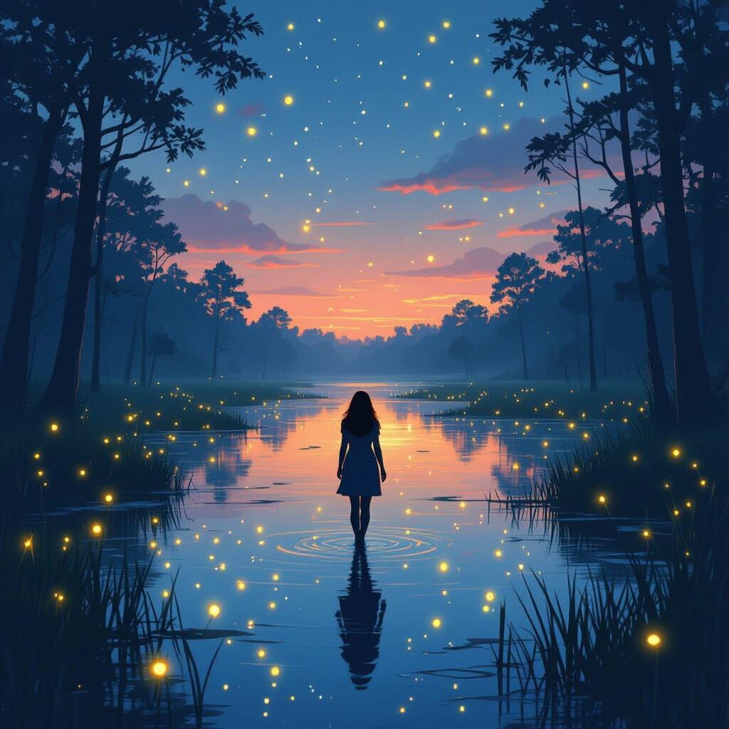 Ethereal Swamp Illuminated by Fireflies in Digital Art Style