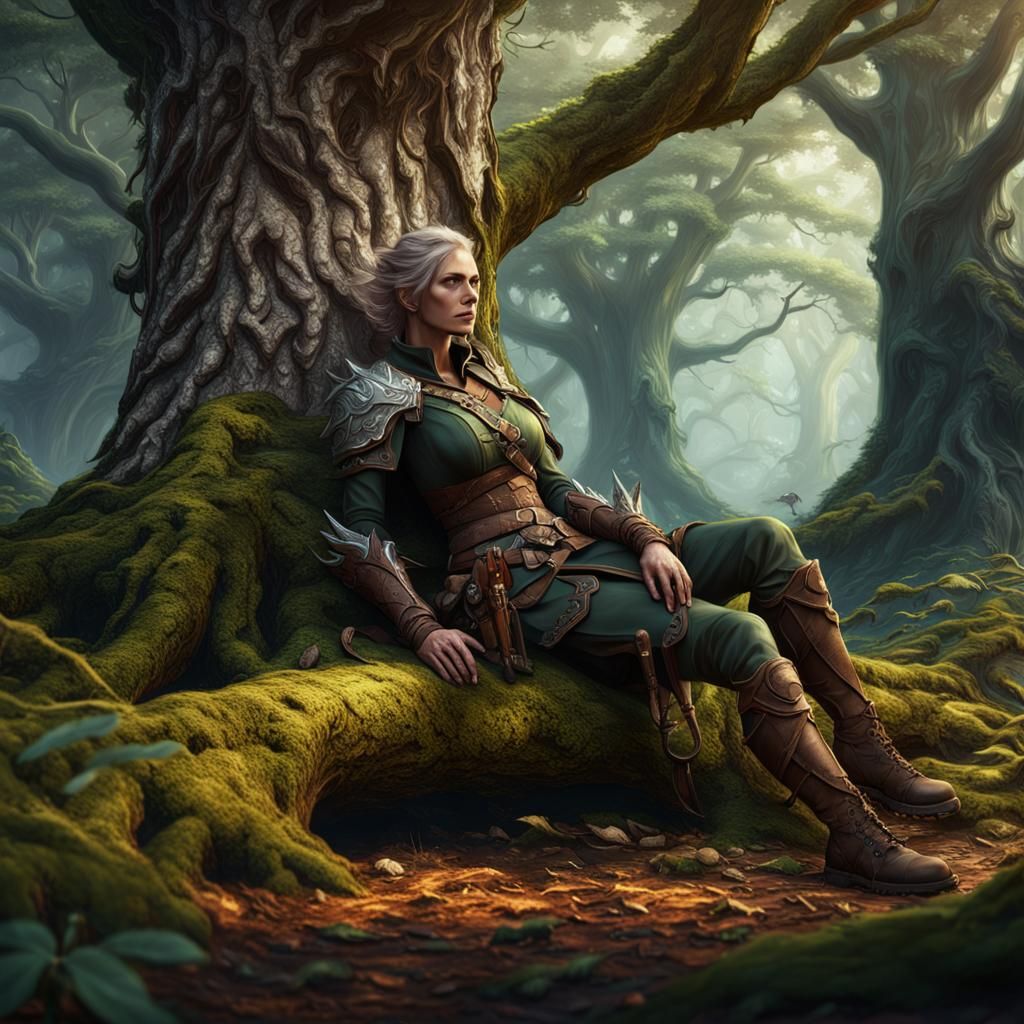 Fantasy Hunter Resting in Forest Concept Art