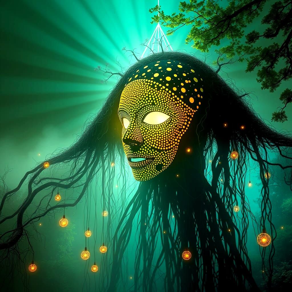 Abstract Face Mask Sculpture in a Misty Forest