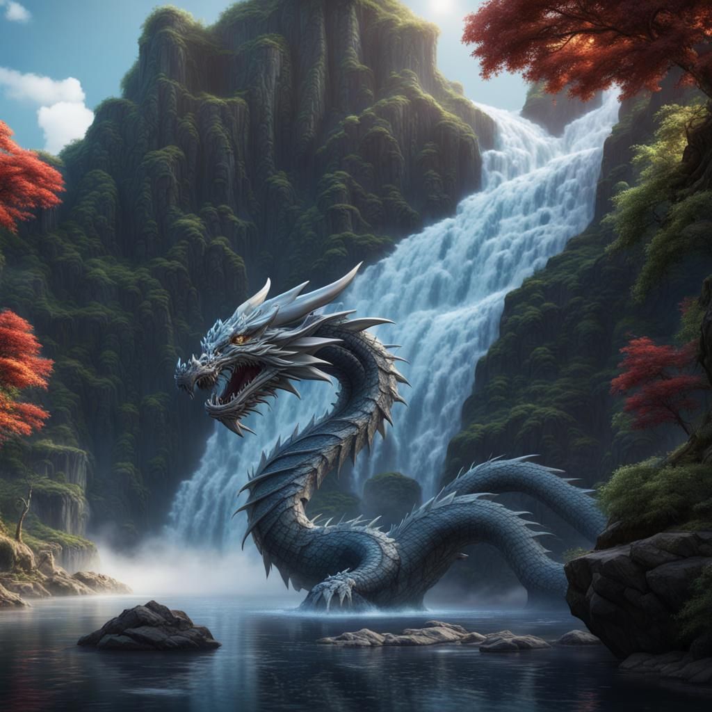 Diamond Dragon in Waterfall: Fantasy Concept Art