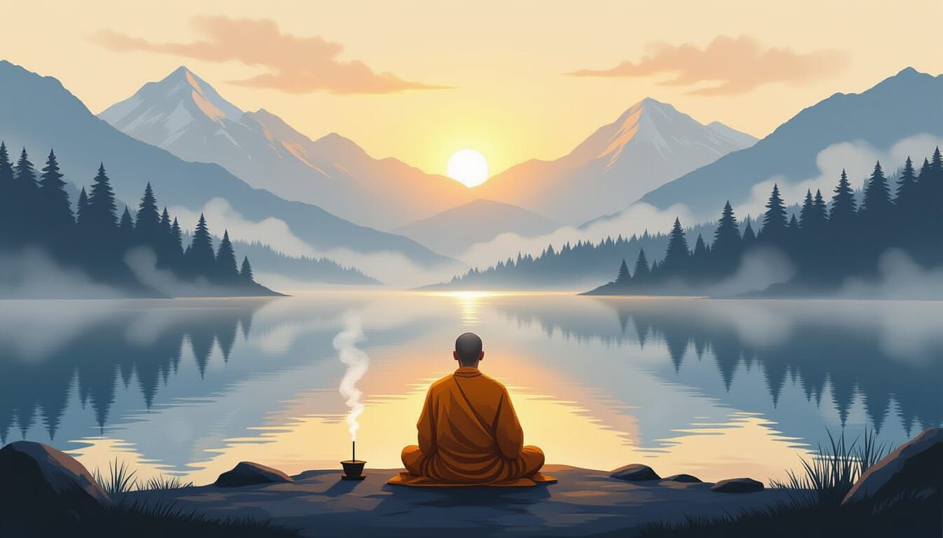 Zen Monk Meditates at Mountain Lake Sunrise