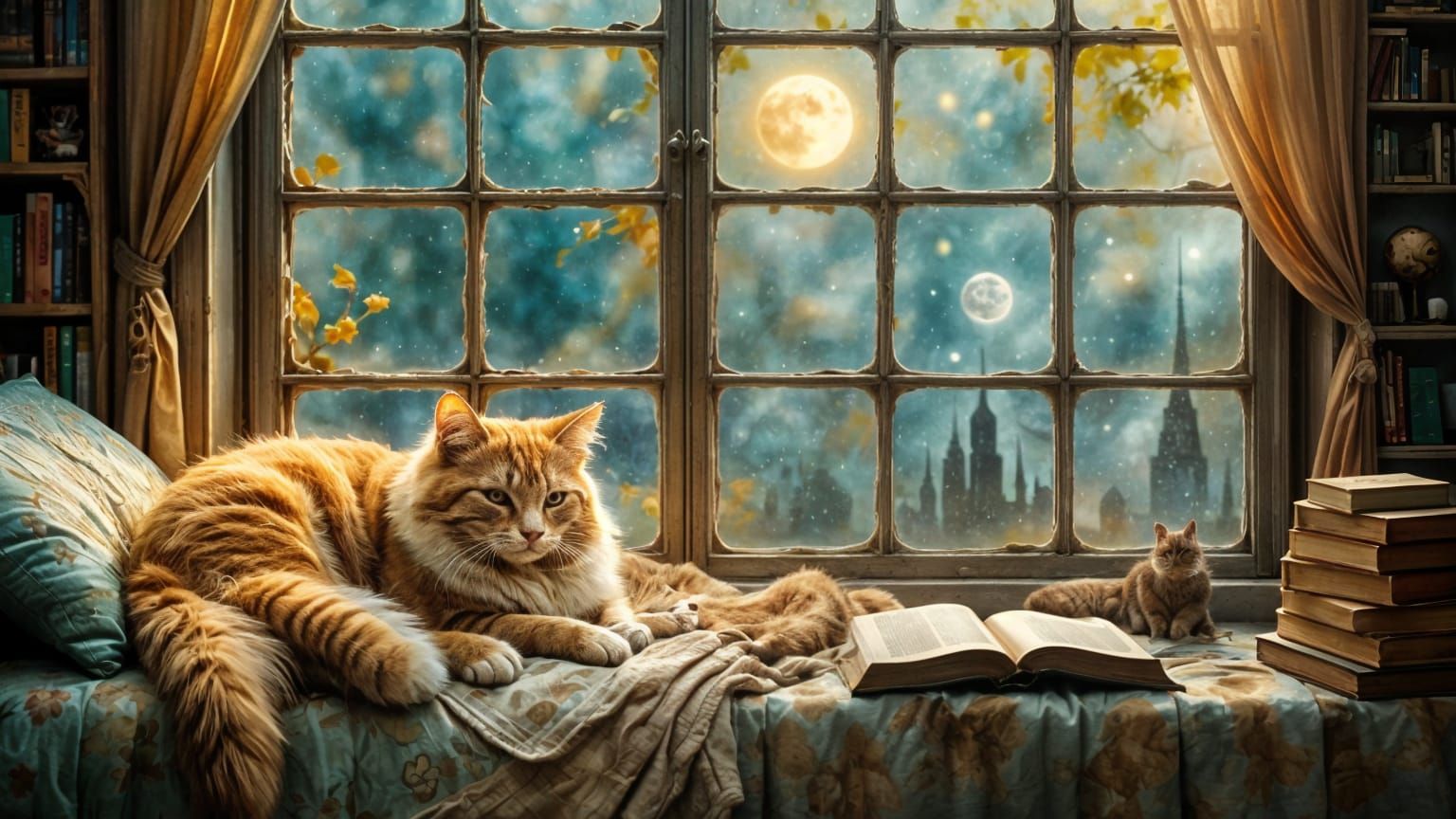 Four Sleeping Cats in Enchanted Window Dreamscape