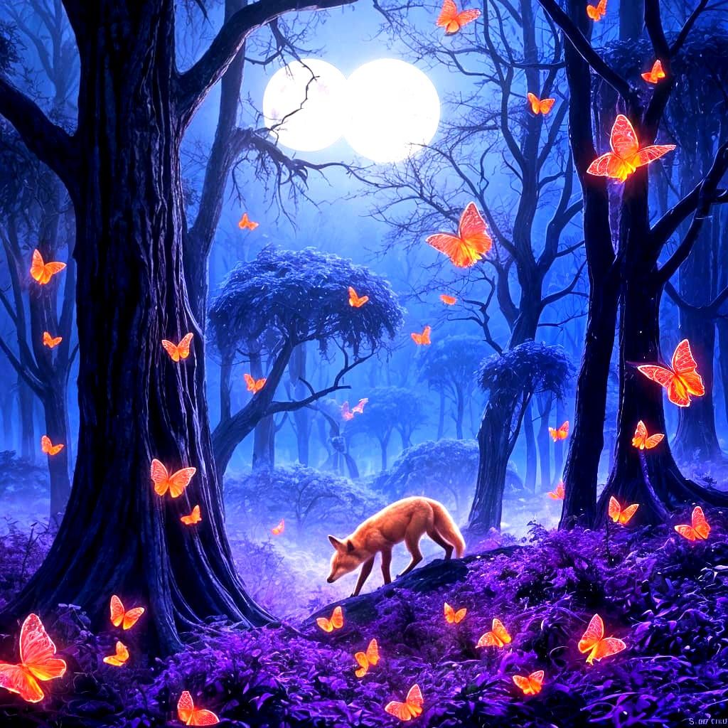 Surreal Orange Fox Explores Dreamlike Purple Forest under Tw...