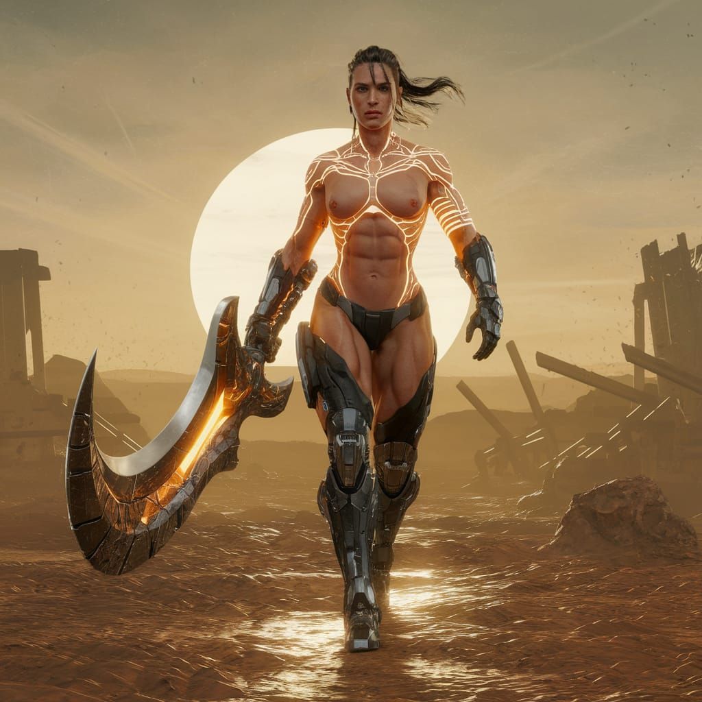 Futuristic Berserker Woman in Desolate Landscape