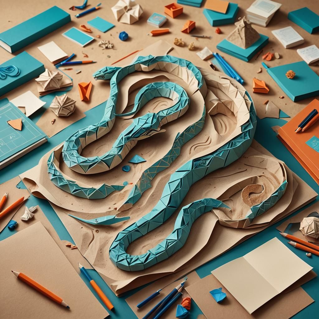 Origami Sand Snake on Blue Desk, Digital Painting