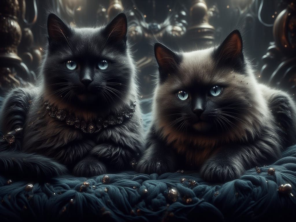 Gothic Siamese Cat and Owner in Opulent Chamber