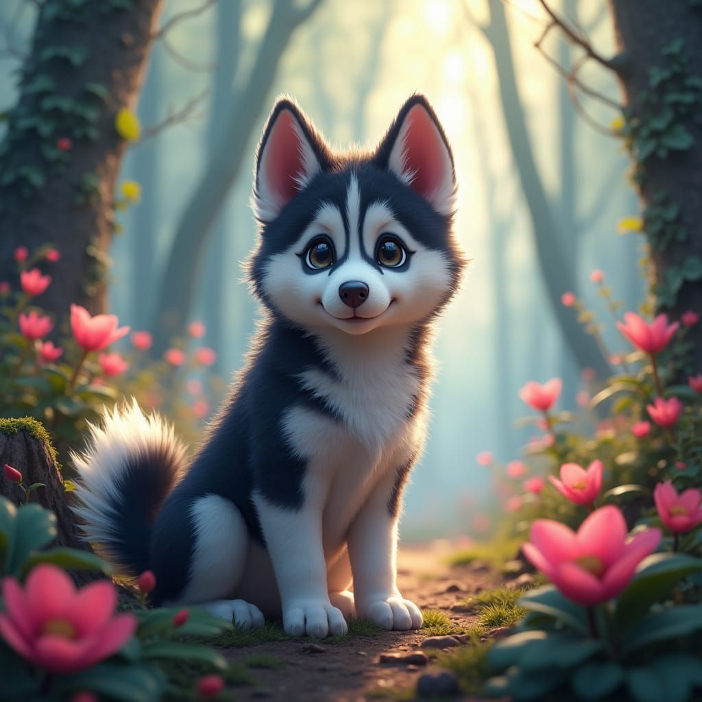Adorable Husky Puppy in Mystical Forest