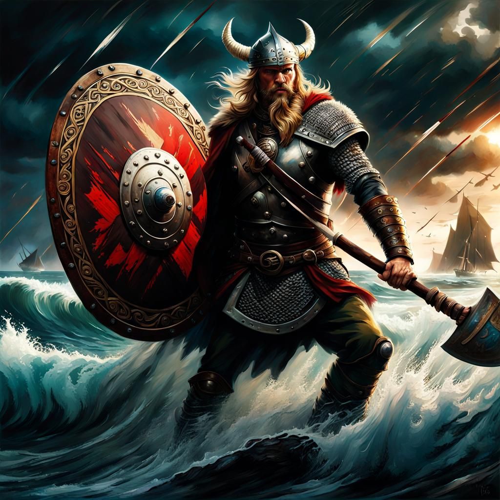 Viking Warrior on Stormy Shore in Impasto Style