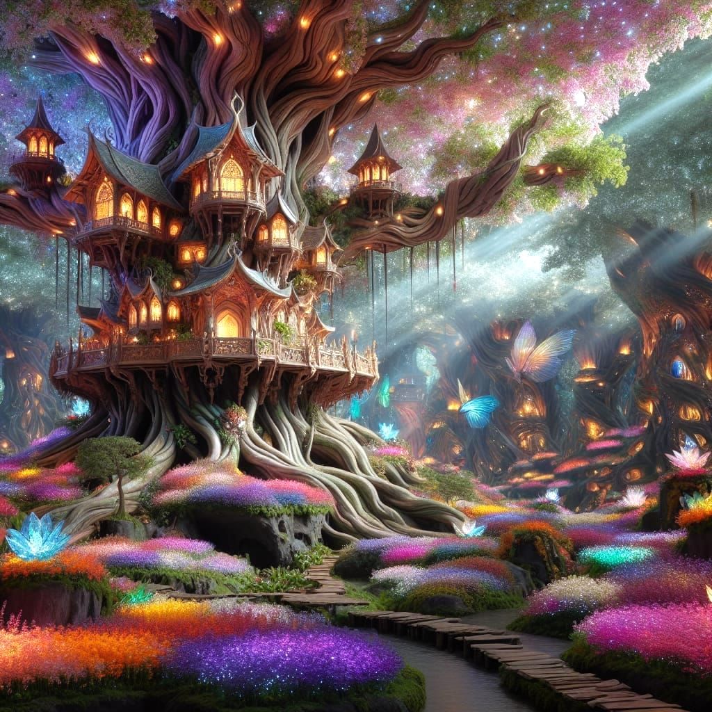Ethereal Treehouse Amidst Vibrant Fantasy Tree