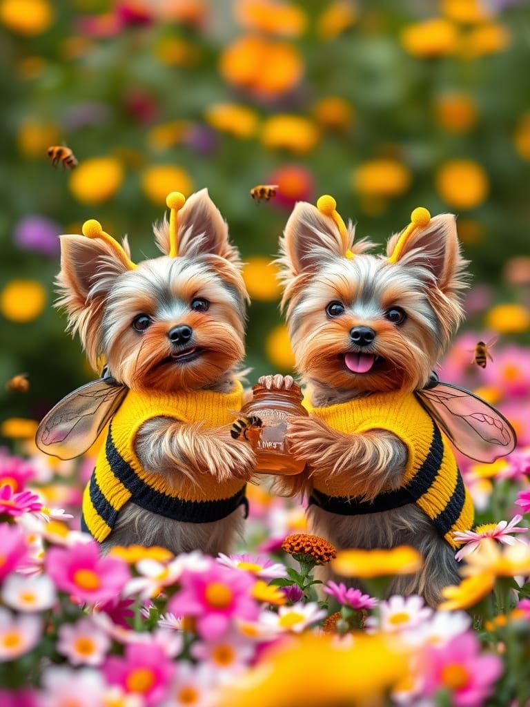 Yorkshire Terriers in Bee Costumes Dance in a Flower Garden