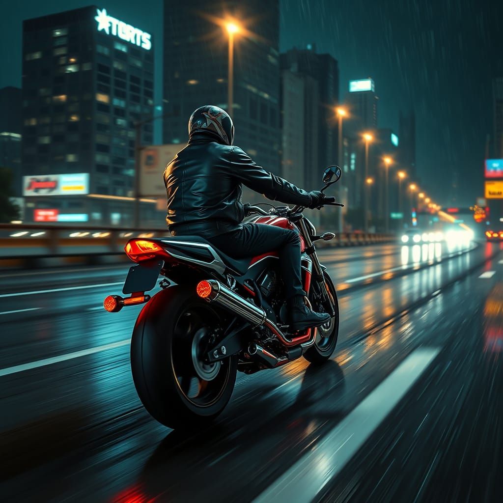Motorcyclist on Neon Highway: Retro-Cyberpunk Fantasy