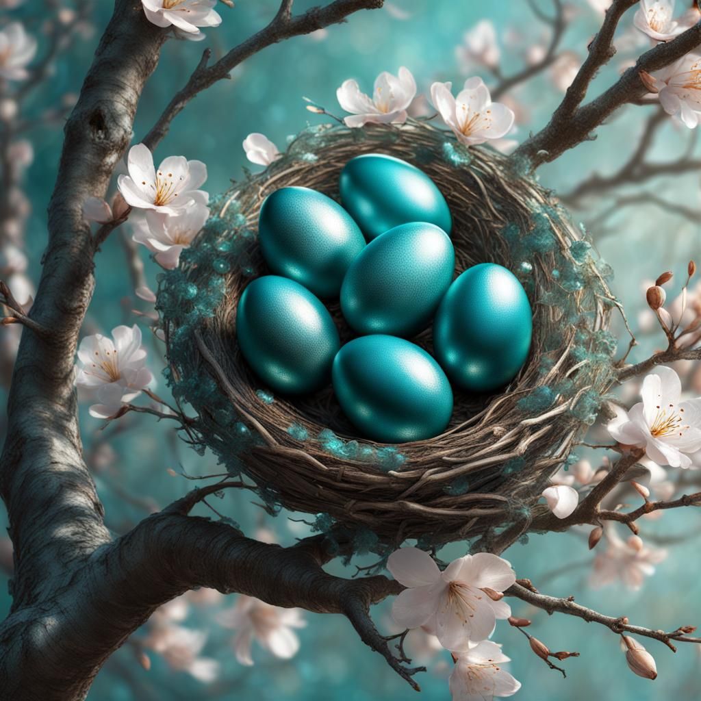 Teal Eggs in Bird Nest Macro, Gric Style