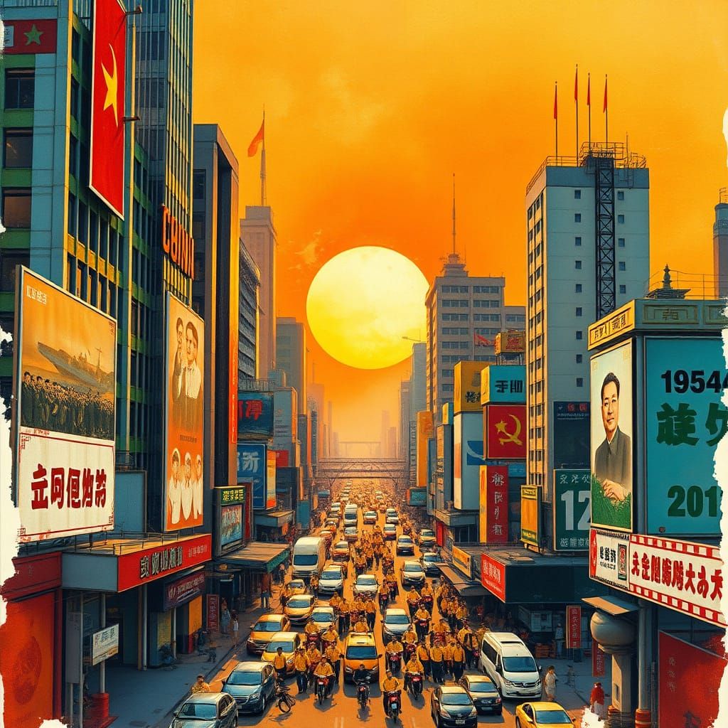 Retro-Style Metropolis at Sunset in Communist China