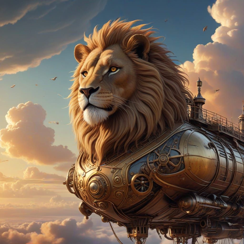 Lion Airship Soars Through Sunset Sky in Steampunk Style
